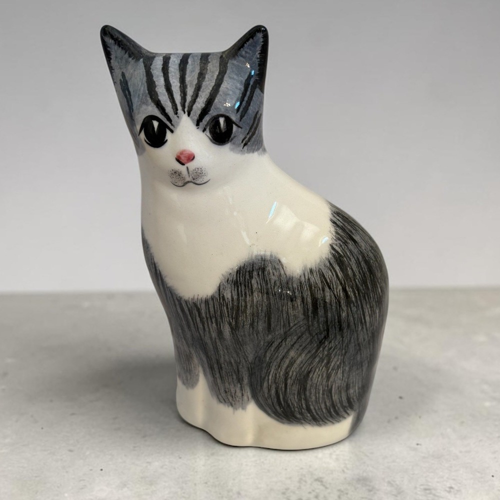 NS Gustin Co Ceramic Cat Figurine Hand Decorated Grey Tabby Tuxedo USA 8"